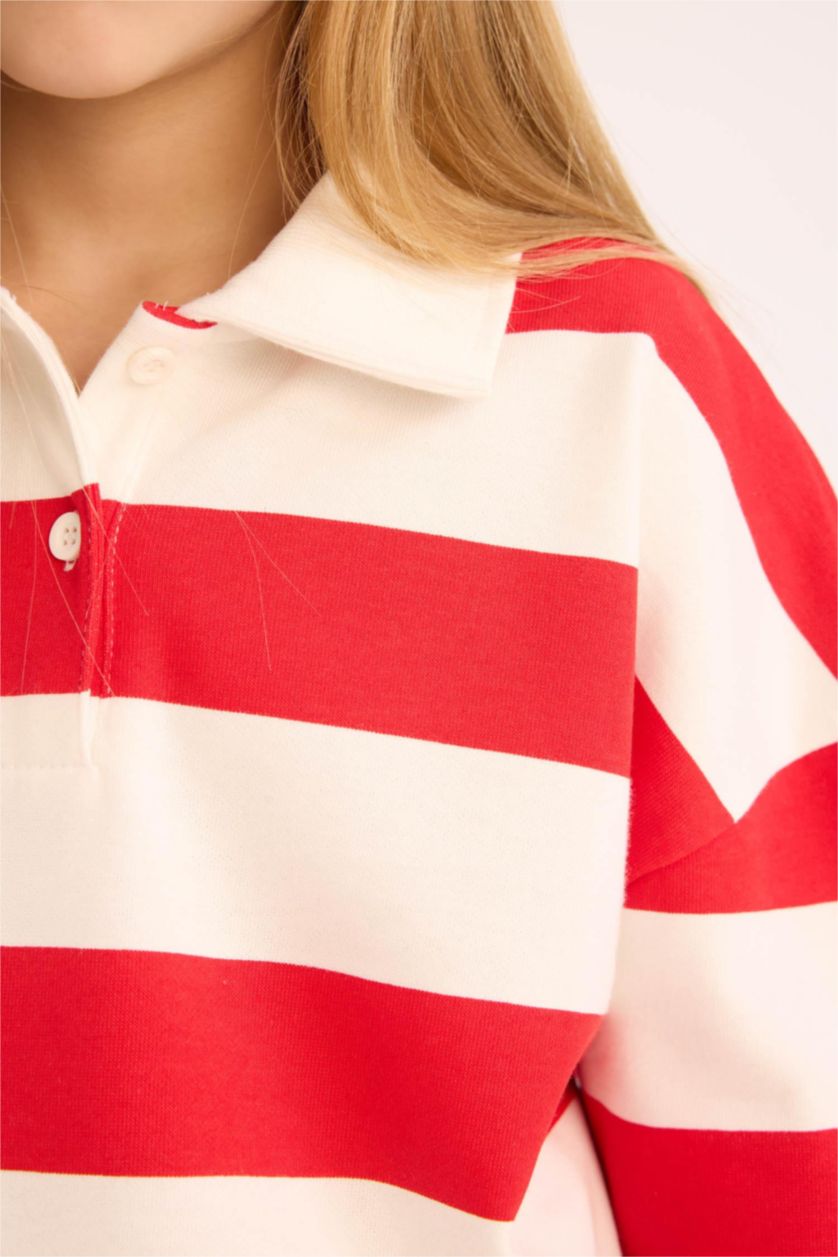 Kız Çocuk - Genç Kız Kırmızı Kız Çocuk Relax Fit Polo Yaka Çizgili Sweatshirt