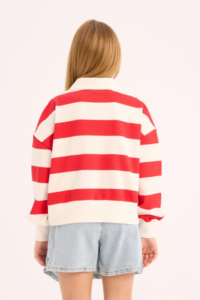 Kız Çocuk - Genç Kız Kırmızı Kız Çocuk Relax Fit Polo Yaka Çizgili Sweatshirt