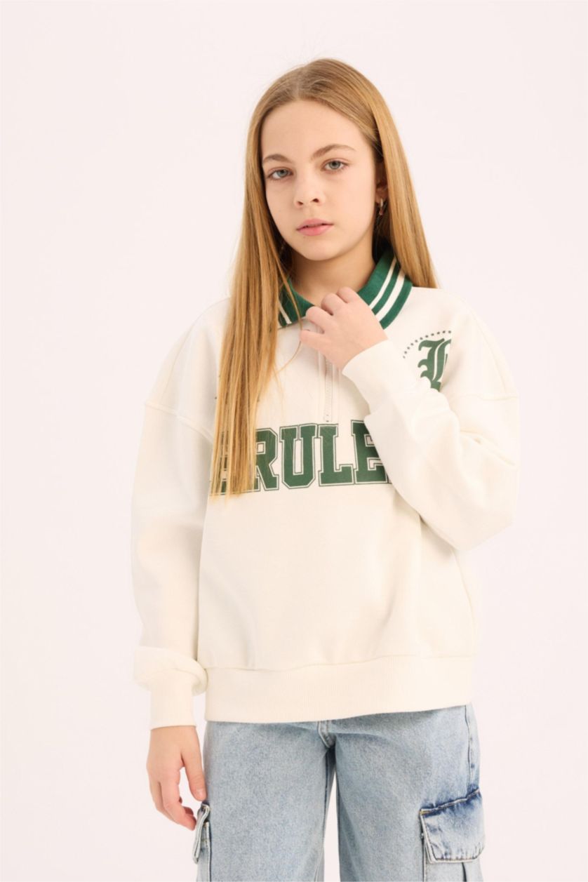 FILLES Écru Sweatshirt oversize imprimé à col polo pour fille