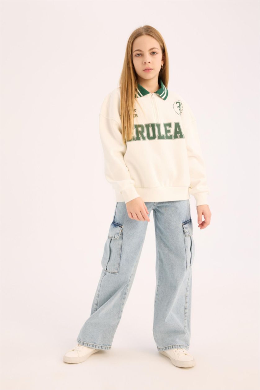 FILLES Écru Sweatshirt oversize imprimé à col polo pour fille