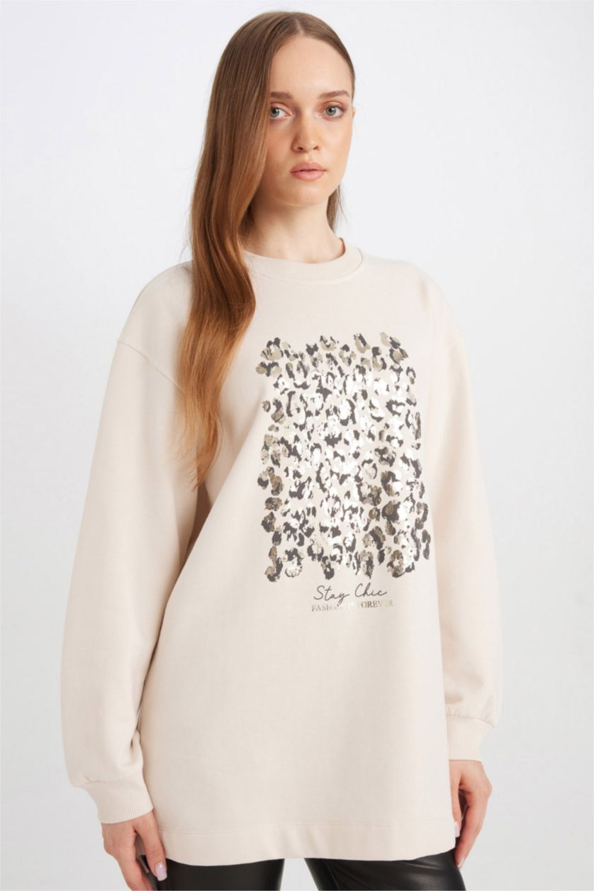 Kadın Taş Relax Fit Bisiklet Yaka Parlak Baskılı İçi Yumuşak Tüylü İnce Sweatshirt Tunik