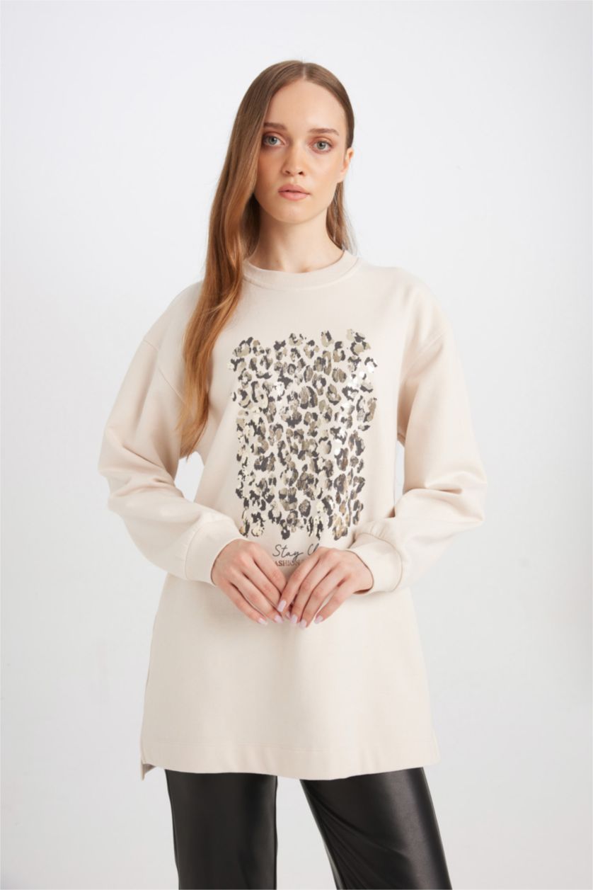 Kadın Taş Relax Fit Bisiklet Yaka Parlak Baskılı İçi Yumuşak Tüylü İnce Sweatshirt Tunik