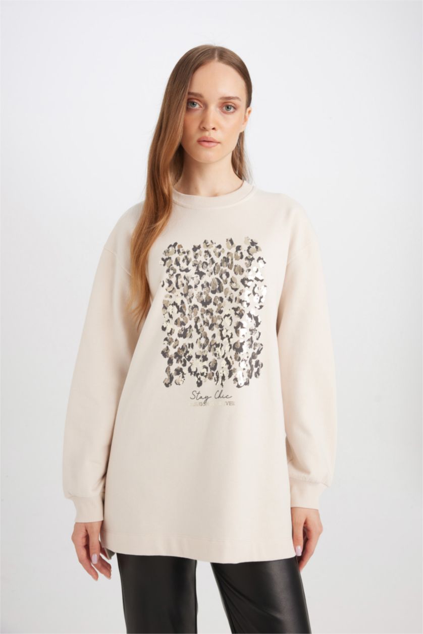 Kadın Taş Relax Fit Bisiklet Yaka Parlak Baskılı İçi Yumuşak Tüylü İnce Sweatshirt Tunik