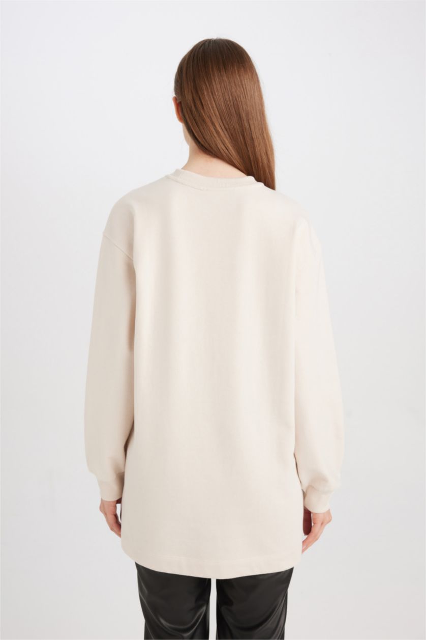 Kadın Taş Relax Fit Bisiklet Yaka Parlak Baskılı İçi Yumuşak Tüylü İnce Sweatshirt Tunik