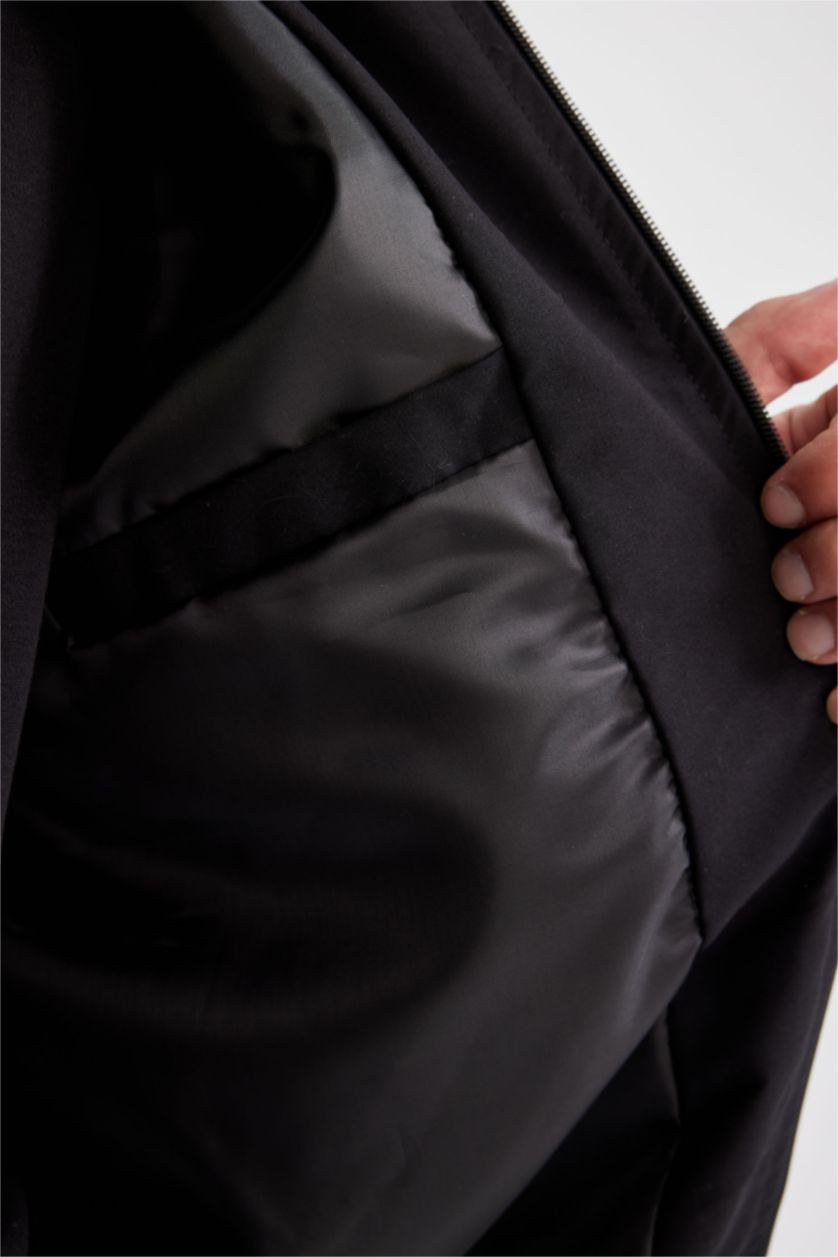 Erkek Siyah Su İtici Regular Fit Kolej Yaka Fermuarlı Cepli Mevsimlik Baharlık Bomber Mont