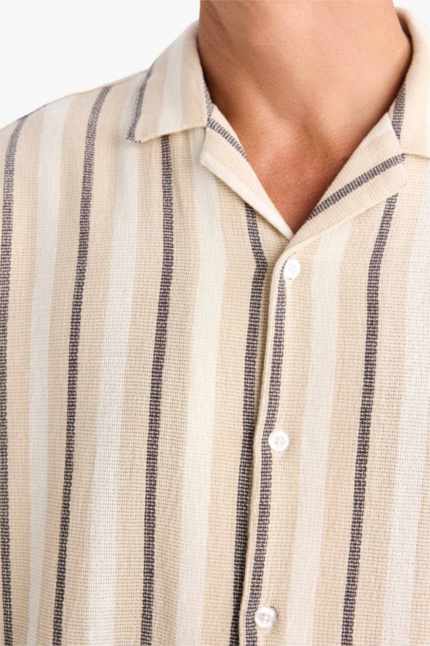 Erkek Açık Taş %100 Pamuk Relax Fit Polo Yaka Çizgili  Yazlık Kısa Kollu Gömlek