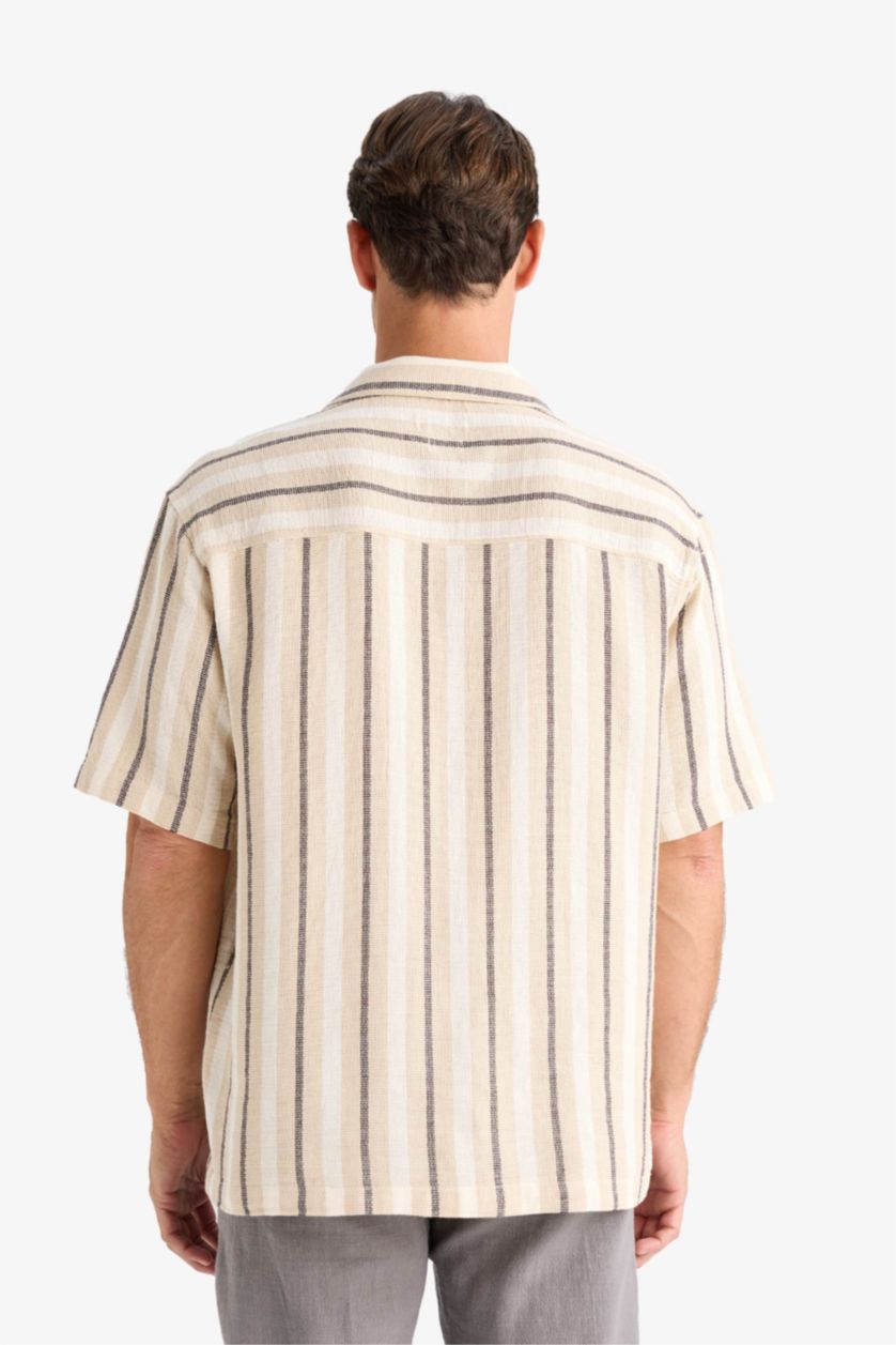 Erkek Açık Taş %100 Pamuk Relax Fit Polo Yaka Çizgili  Yazlık Kısa Kollu Gömlek
