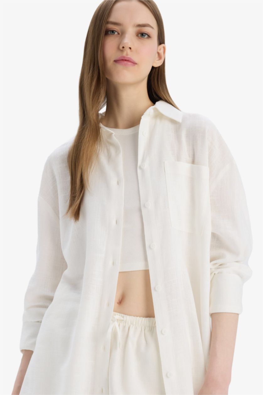 WOMAN White Oversize Fit Linen Blended Long Sleeve Shirt