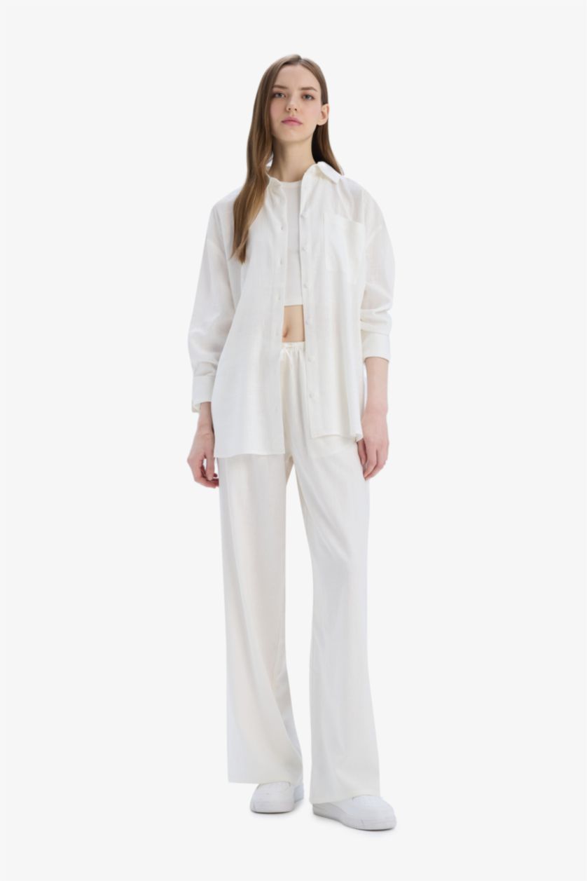 WOMAN White Oversize Fit Linen Blended Long Sleeve Shirt