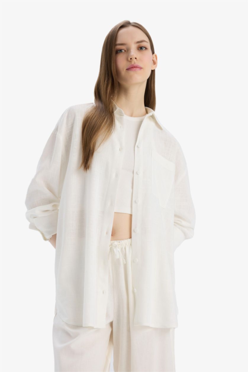 WOMAN White Oversize Fit Linen Blended Long Sleeve Shirt