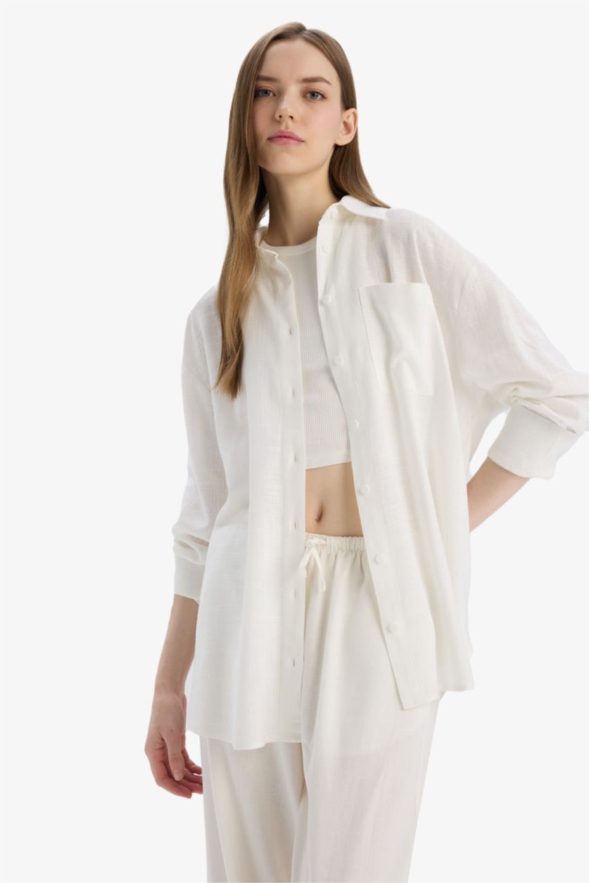 WOMAN White Oversize Fit Linen Blended Long Sleeve Shirt