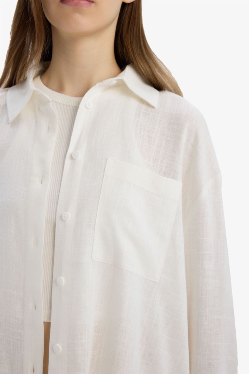 WOMAN White Oversize Fit Linen Blended Long Sleeve Shirt