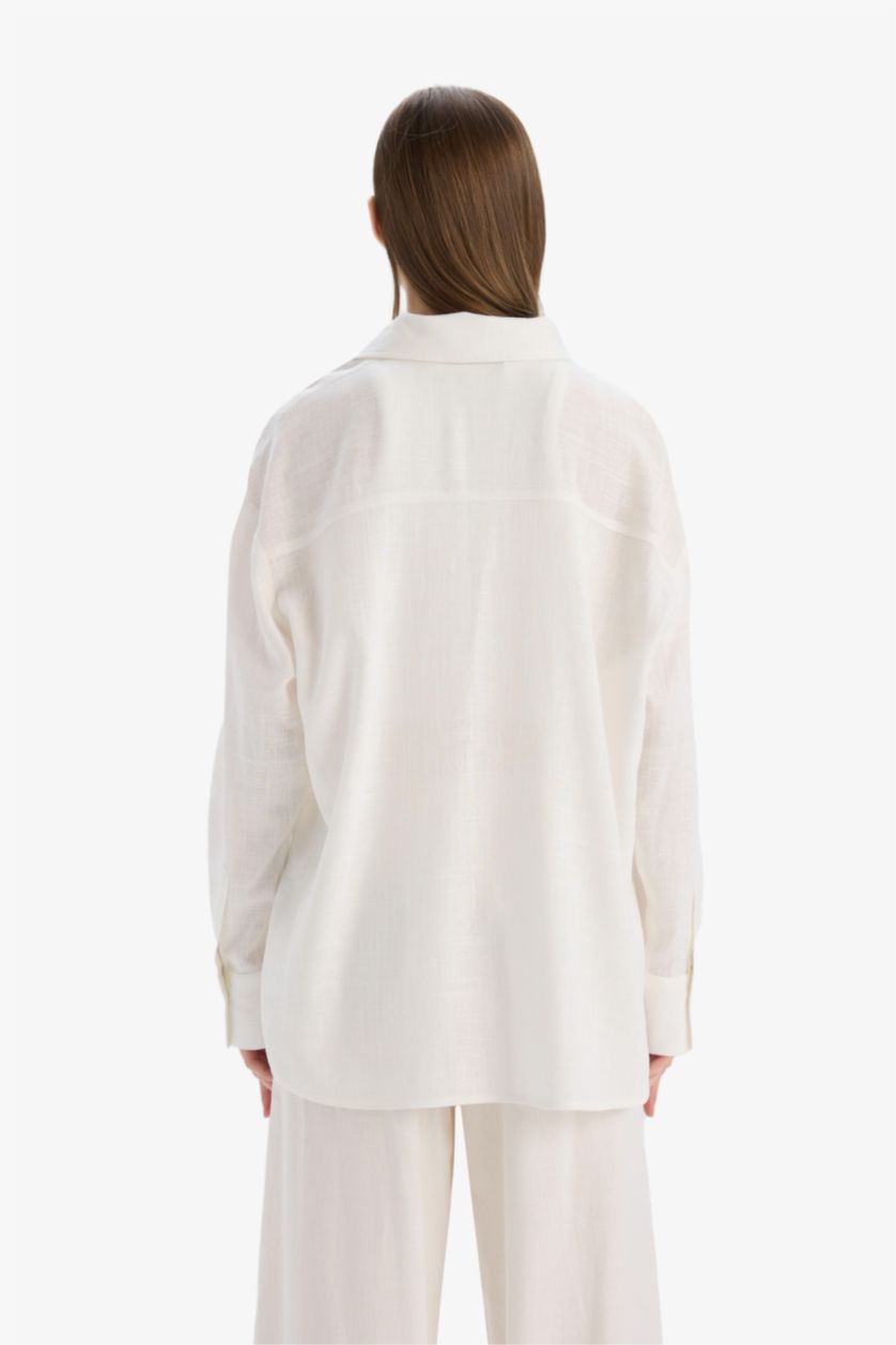 WOMAN White Oversize Fit Linen Blended Long Sleeve Shirt