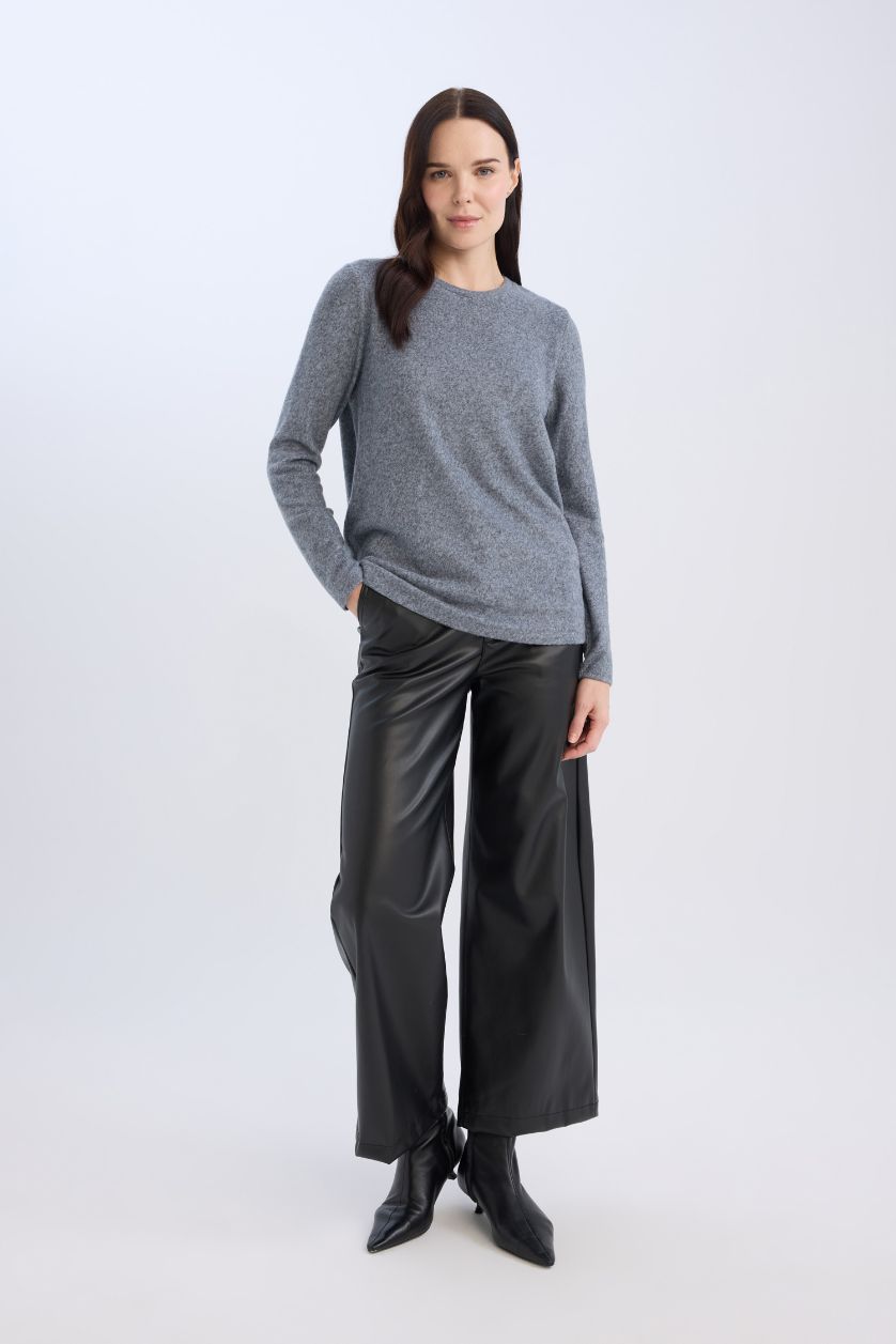 Kadın Mavi Regular Fit Bisiklet Yaka Casual Basic Düz Uzun Kollu Tişört