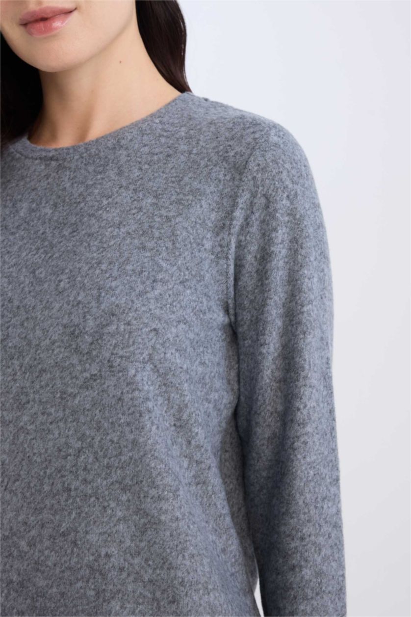 Kadın Mavi Regular Fit Bisiklet Yaka Casual Basic Düz Uzun Kollu Tişört