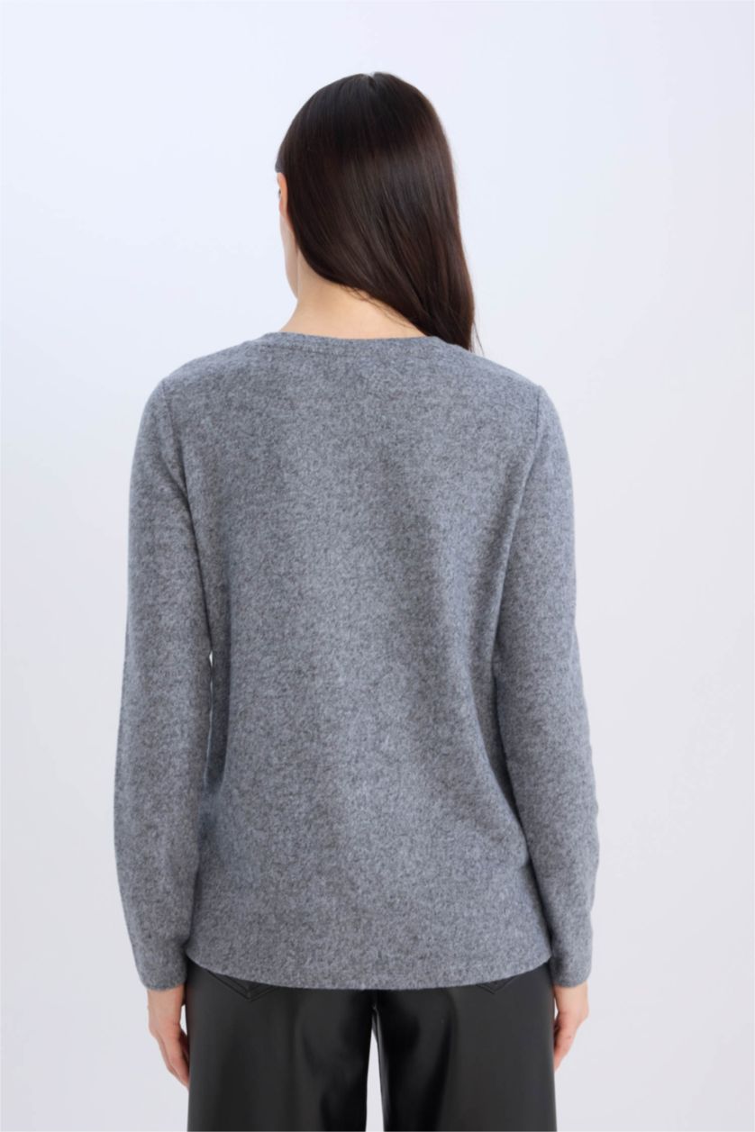 Kadın Mavi Regular Fit Bisiklet Yaka Casual Basic Düz Uzun Kollu Tişört