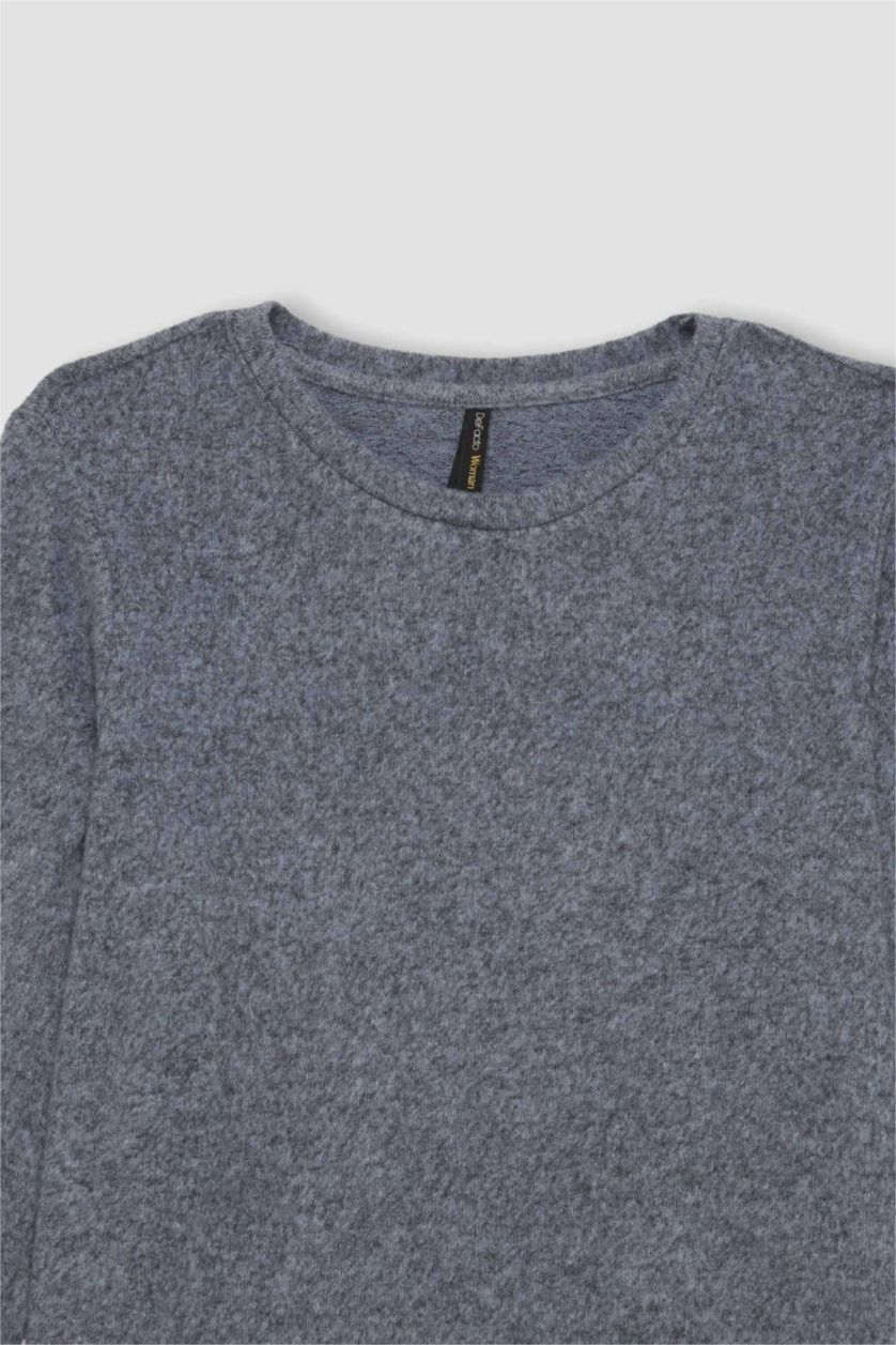 Kadın Mavi Regular Fit Bisiklet Yaka Casual Basic Düz Uzun Kollu Tişört