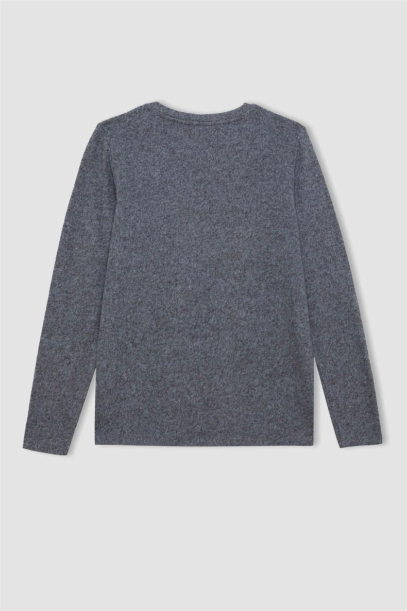 Kadın Mavi Regular Fit Bisiklet Yaka Casual Basic Düz Uzun Kollu Tişört