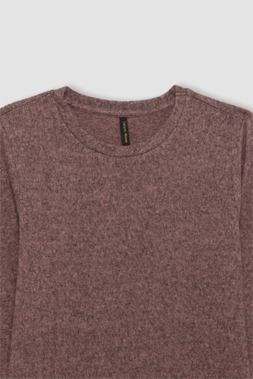 نساء وردي تيشيرت كم طويل قصة عادية برقبة مستديرة