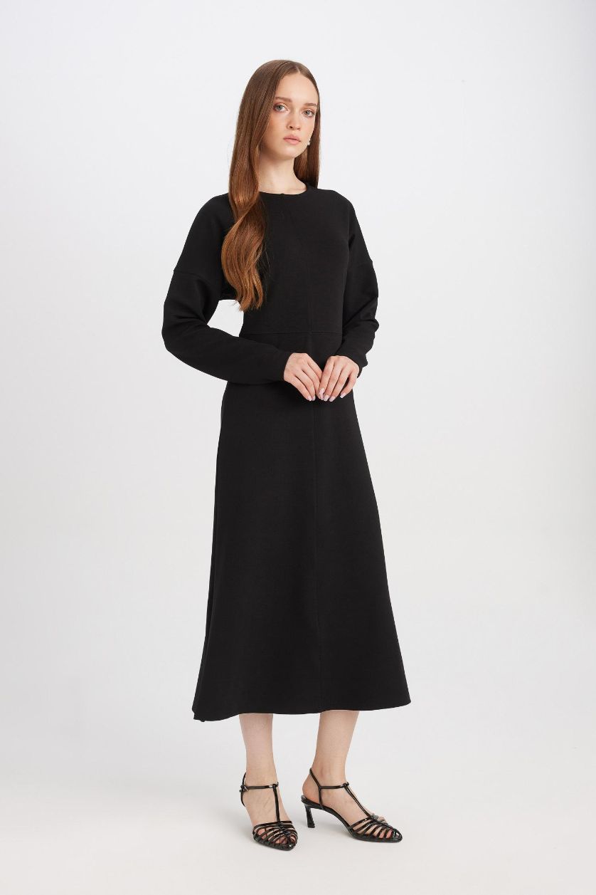 حريمي أسود فستان طويل اسود كريب كم طويل قصة مريحة