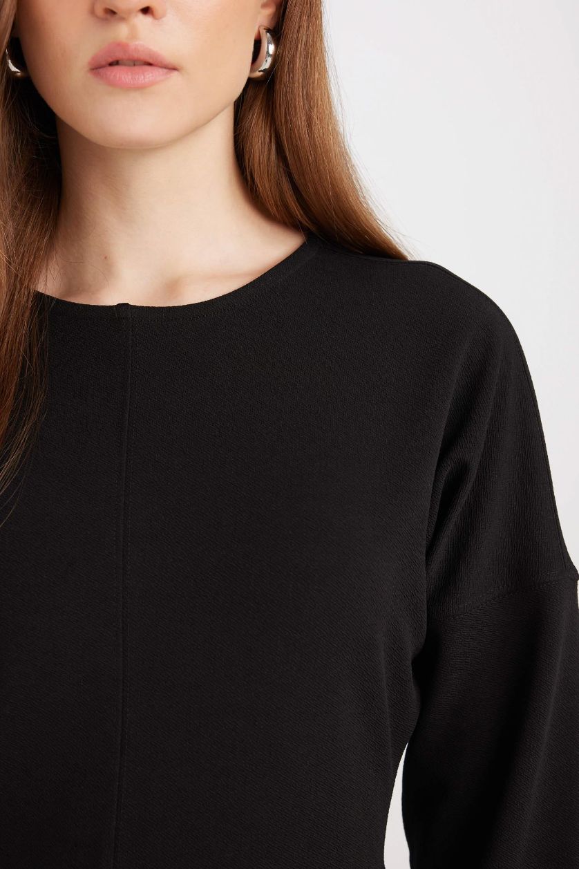 حريمي أسود فستان طويل اسود كريب كم طويل قصة مريحة