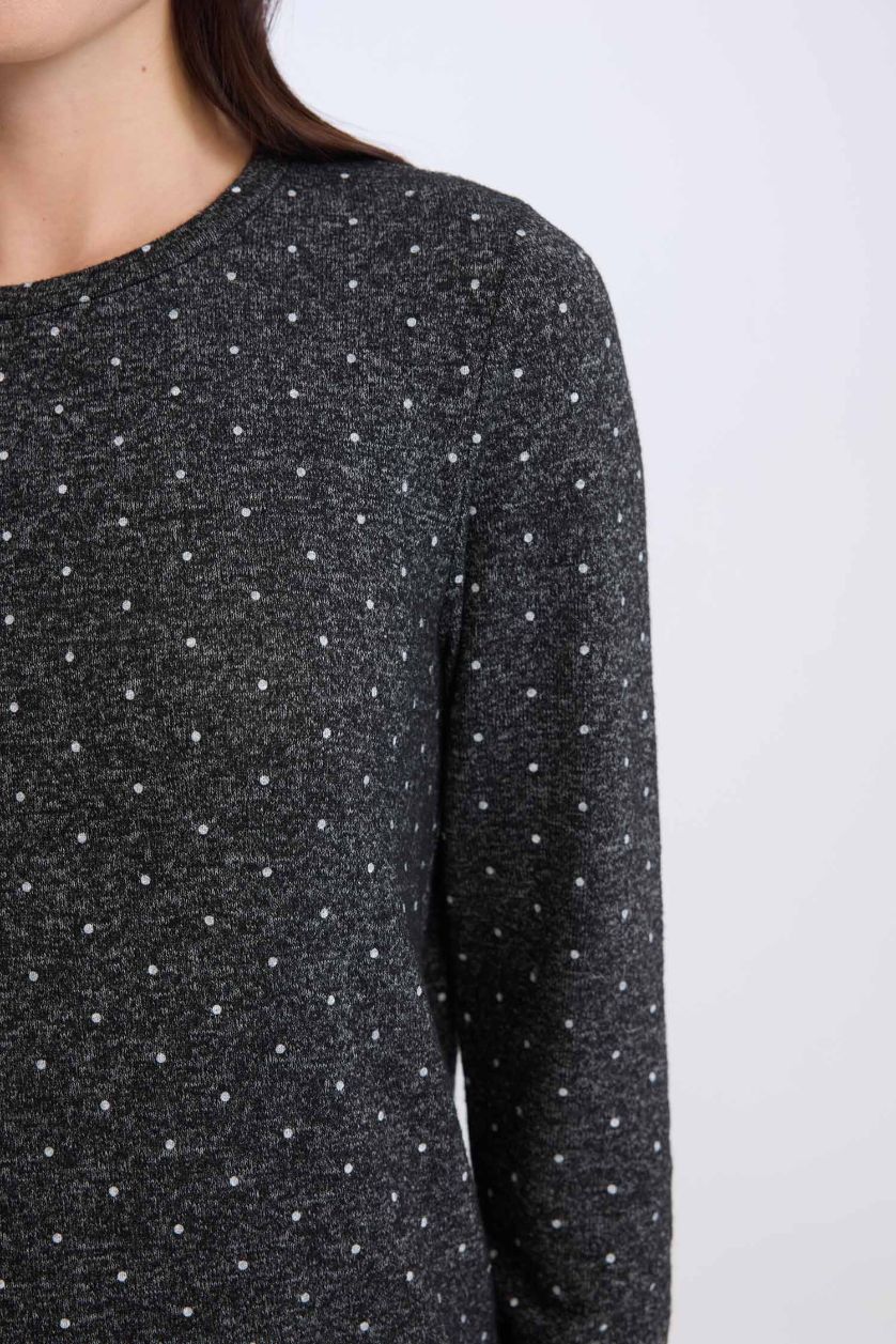 FEMME Gris T-shirt gris à manches longues et col rond Coupe régulière à pois