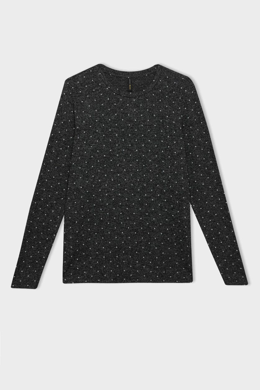 FEMME Gris T-shirt gris à manches longues et col rond Coupe régulière à pois