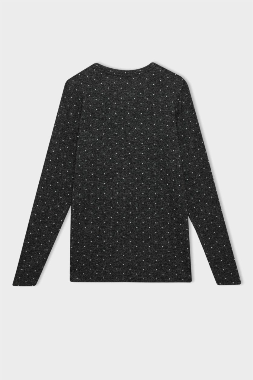 FEMME Gris T-shirt gris à manches longues et col rond Coupe régulière à pois