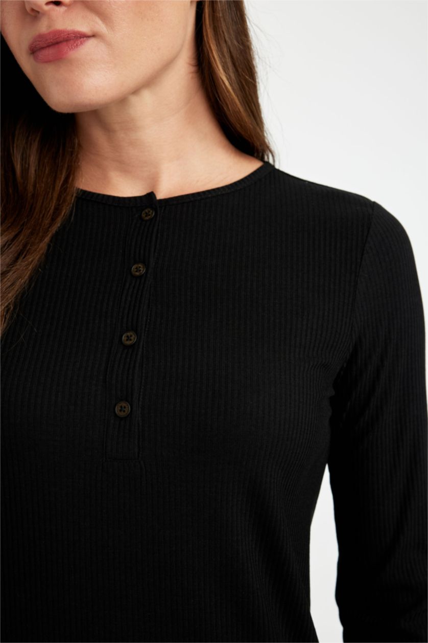 FEMME Noir T-Shirt Basique à Manches Longues et Col Rond Coupe Régulière