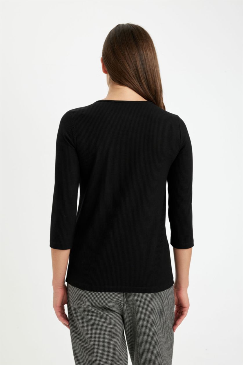 FEMME Noir T-Shirt Basique à Manches Longues et Col Rond Coupe Régulière