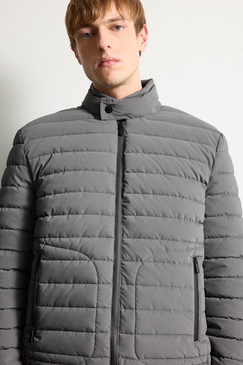 Erkek Gri Rüzgar Geçirmez Slim Fit Dar Kesim Dik Yaka Astarlı Fermuarlı Cepli Kışlık Mont