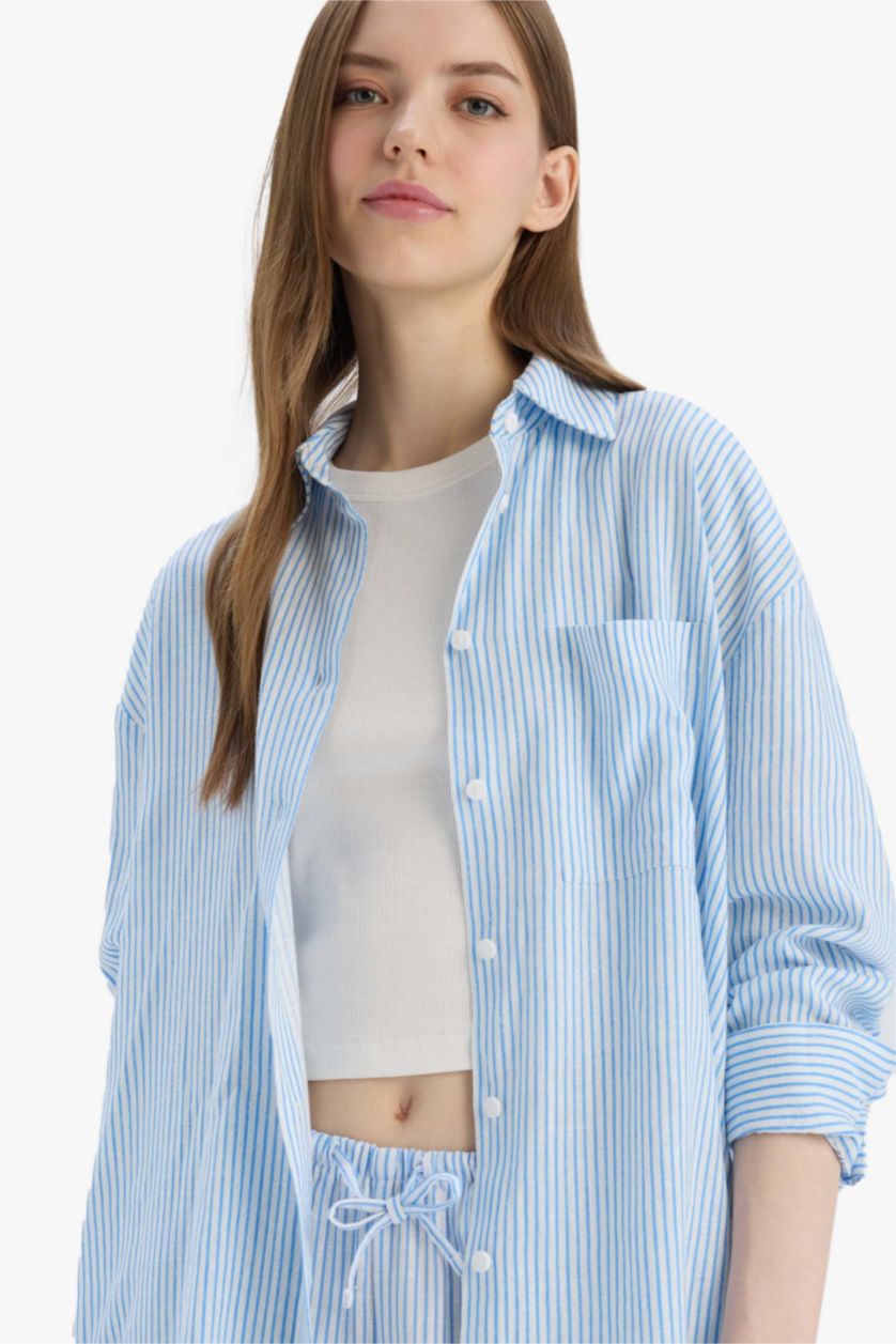 نساء أزرق قميص مخطط ردن طويل اوفر سايز من مزيج الكتان