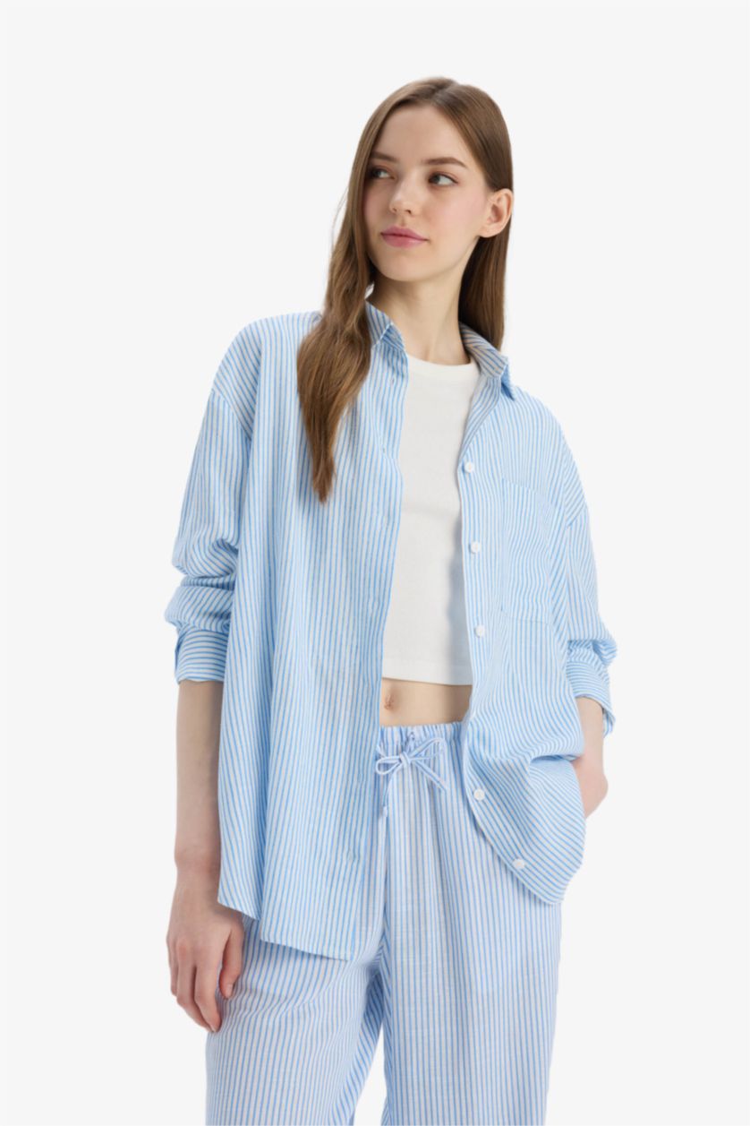 نساء أزرق قميص مخطط ردن طويل اوفر سايز من مزيج الكتان