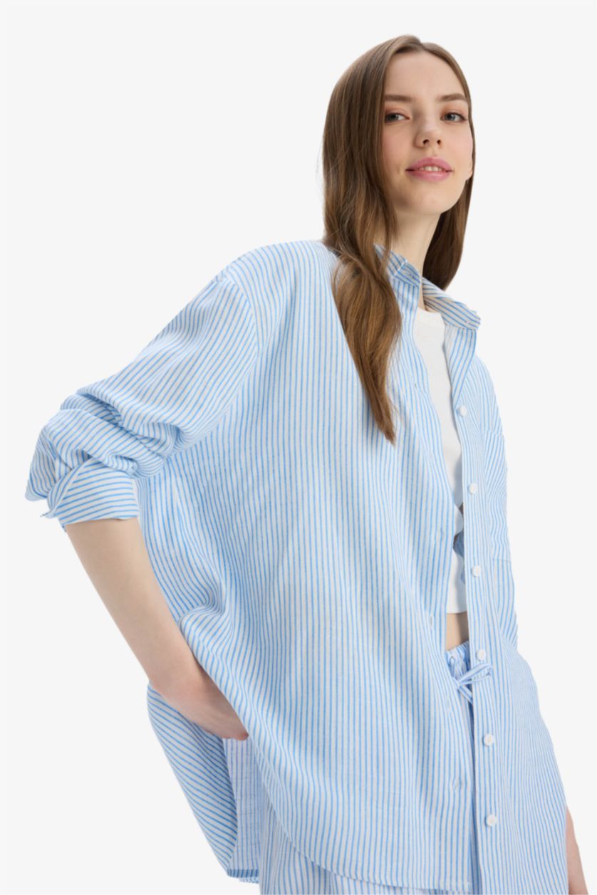 نساء أزرق قميص مخطط ردن طويل اوفر سايز من مزيج الكتان