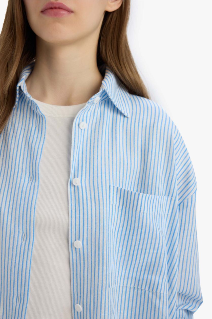 نساء أزرق قميص مخطط ردن طويل اوفر سايز من مزيج الكتان