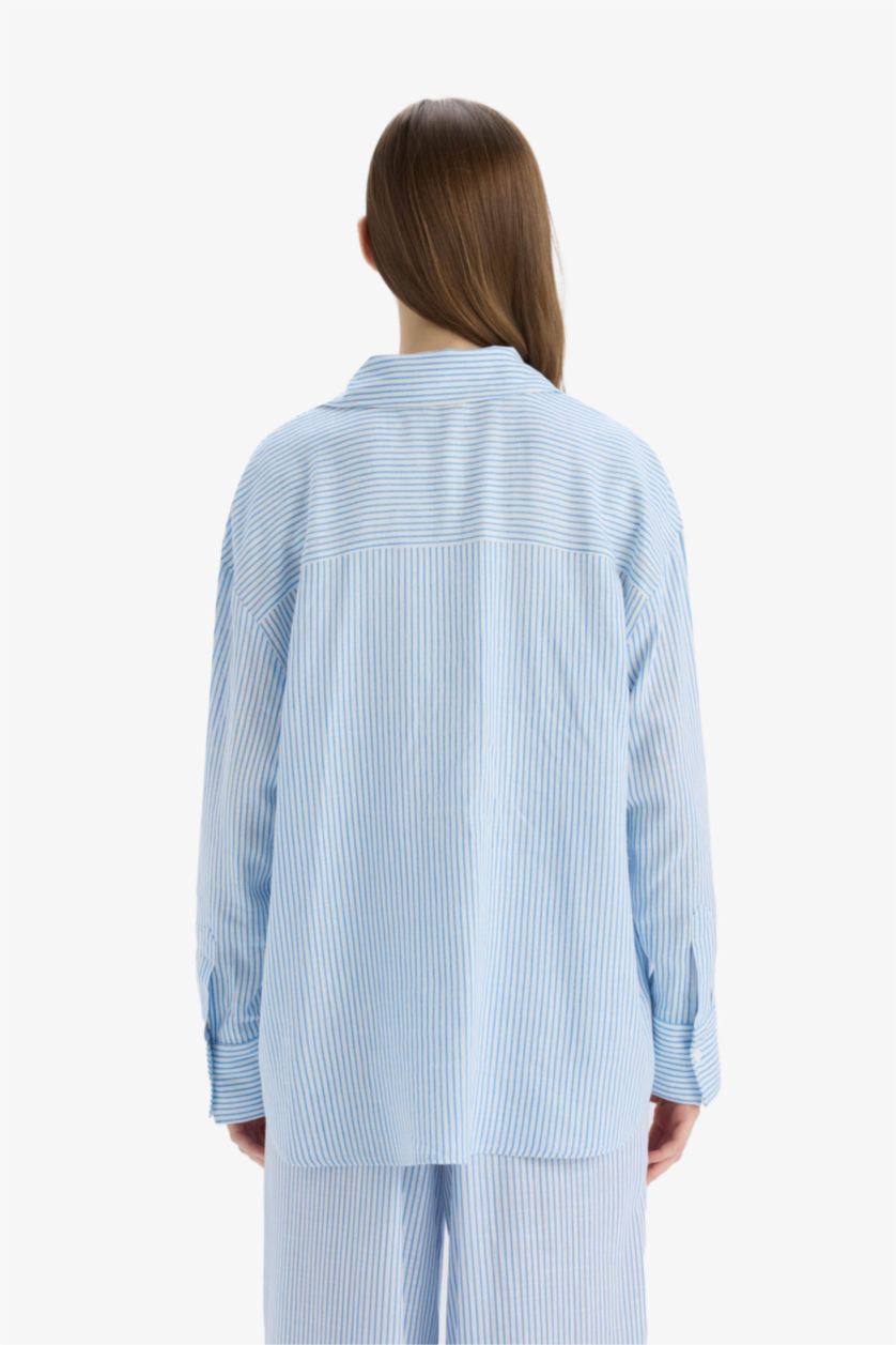 نساء أزرق قميص مخطط ردن طويل اوفر سايز من مزيج الكتان