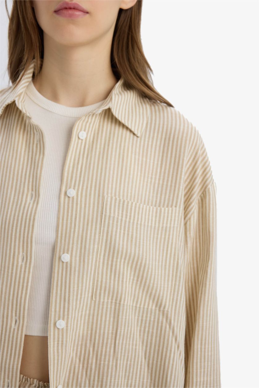 نساء بيج قميص كم طويل مخطط اوفر سايز من مزيج الكتان