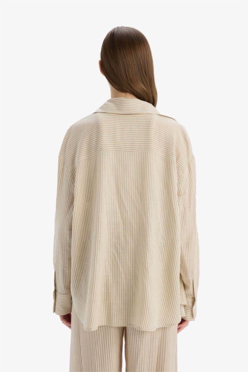 نساء بيج قميص كم طويل مخطط اوفر سايز من مزيج الكتان