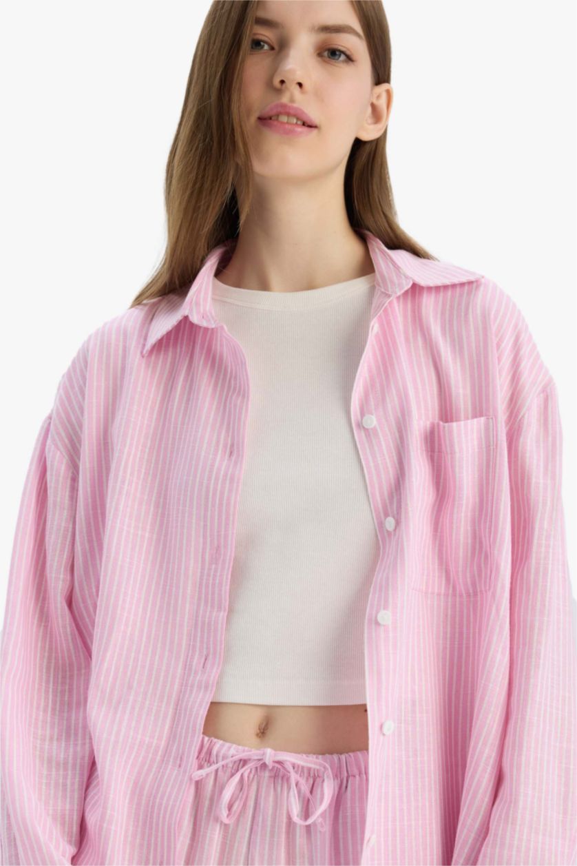 FEMME Rose Clair Chemise rayée oversize en lin mélangé à manches longues