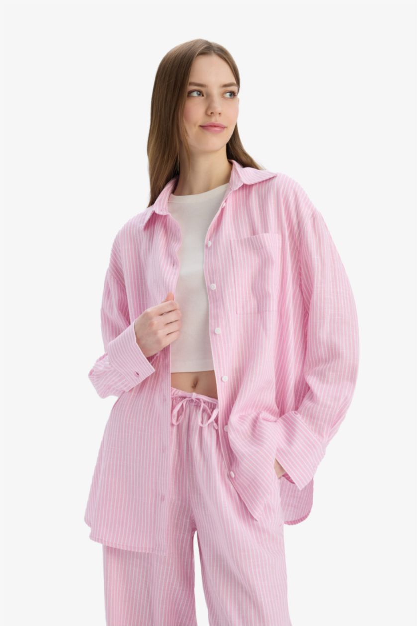 FEMME Rose Clair Chemise rayée oversize en lin mélangé à manches longues