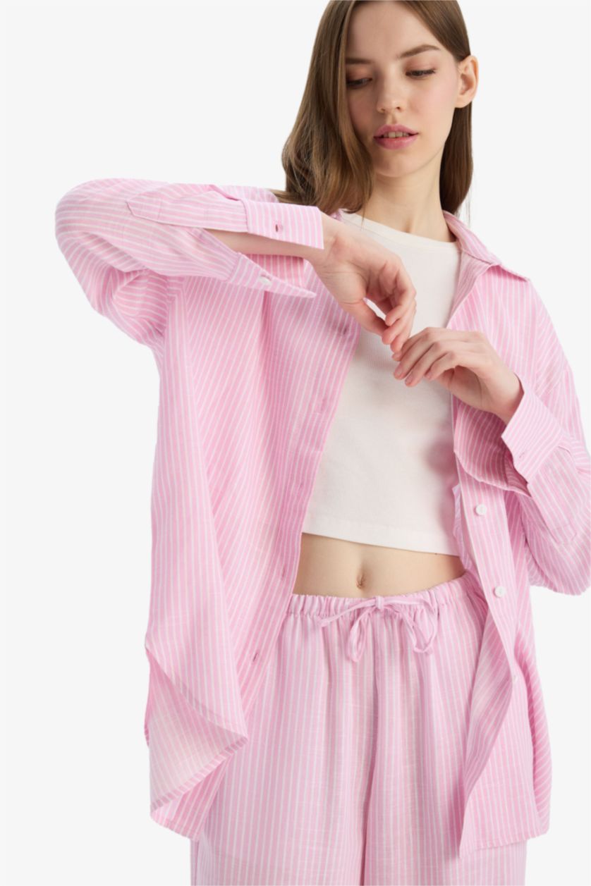 FEMME Rose Clair Chemise rayée oversize en lin mélangé à manches longues