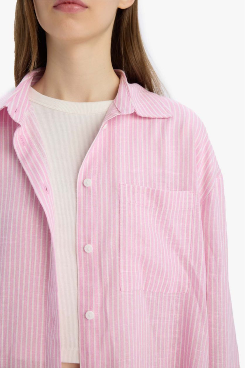 FEMME Rose Clair Chemise rayée oversize en lin mélangé à manches longues