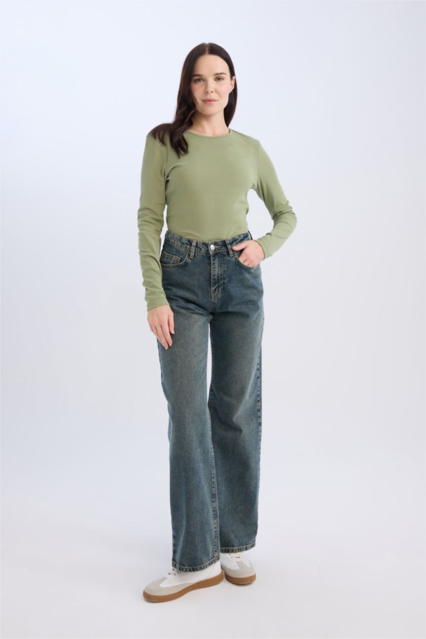 WOMAN Khaki Regular Fit Crew Neck Casual Ribbed Basic Long Sleeve T-Shirt