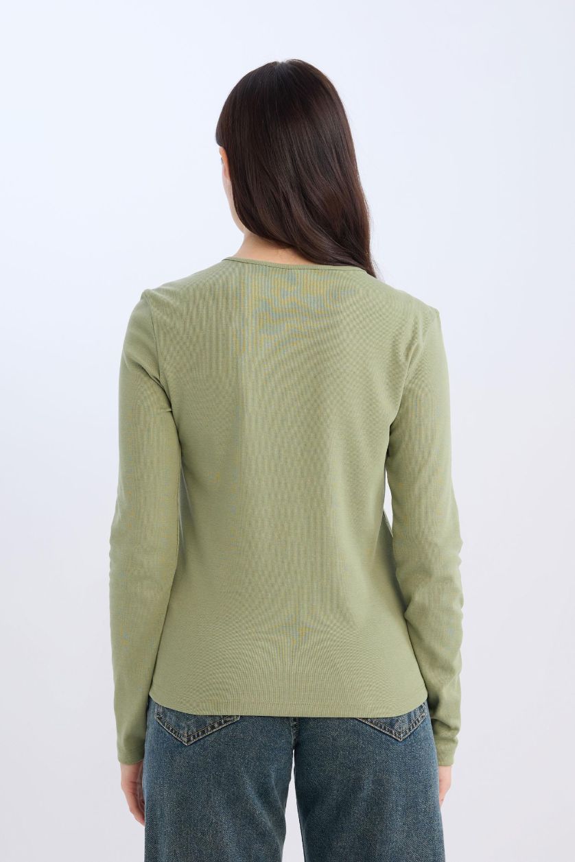 WOMAN Khaki Regular Fit Crew Neck Casual Ribbed Basic Long Sleeve T-Shirt