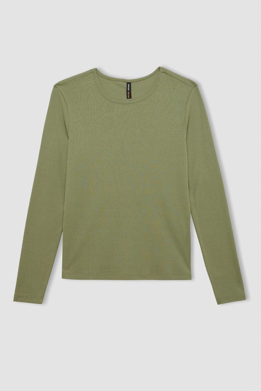 WOMAN Khaki Regular Fit Crew Neck Casual Ribbed Basic Long Sleeve T-Shirt