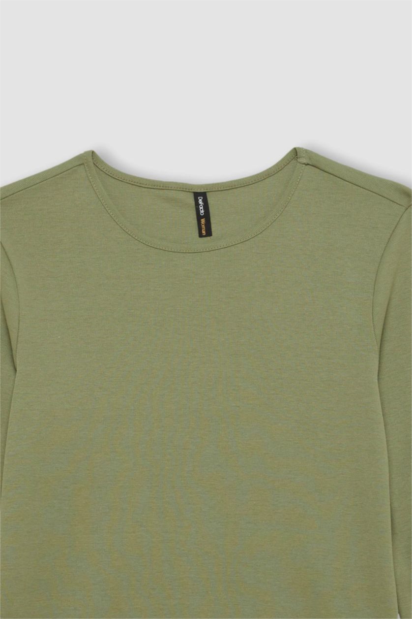 WOMAN Khaki Regular Fit Crew Neck Casual Ribbed Basic Long Sleeve T-Shirt