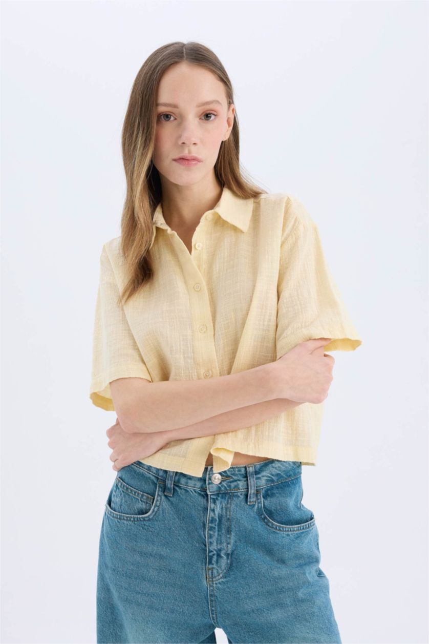 WOMAN Sand Oversize Fit Linen Look Short Sleeve Shirt