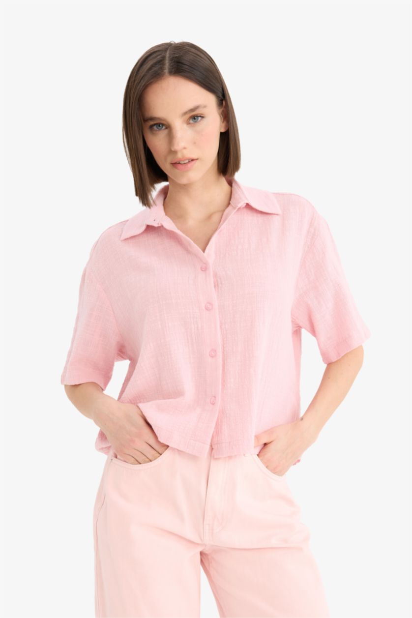 WOMAN Light Pink Oversize Fit Linen Look Short Sleeve Shirt