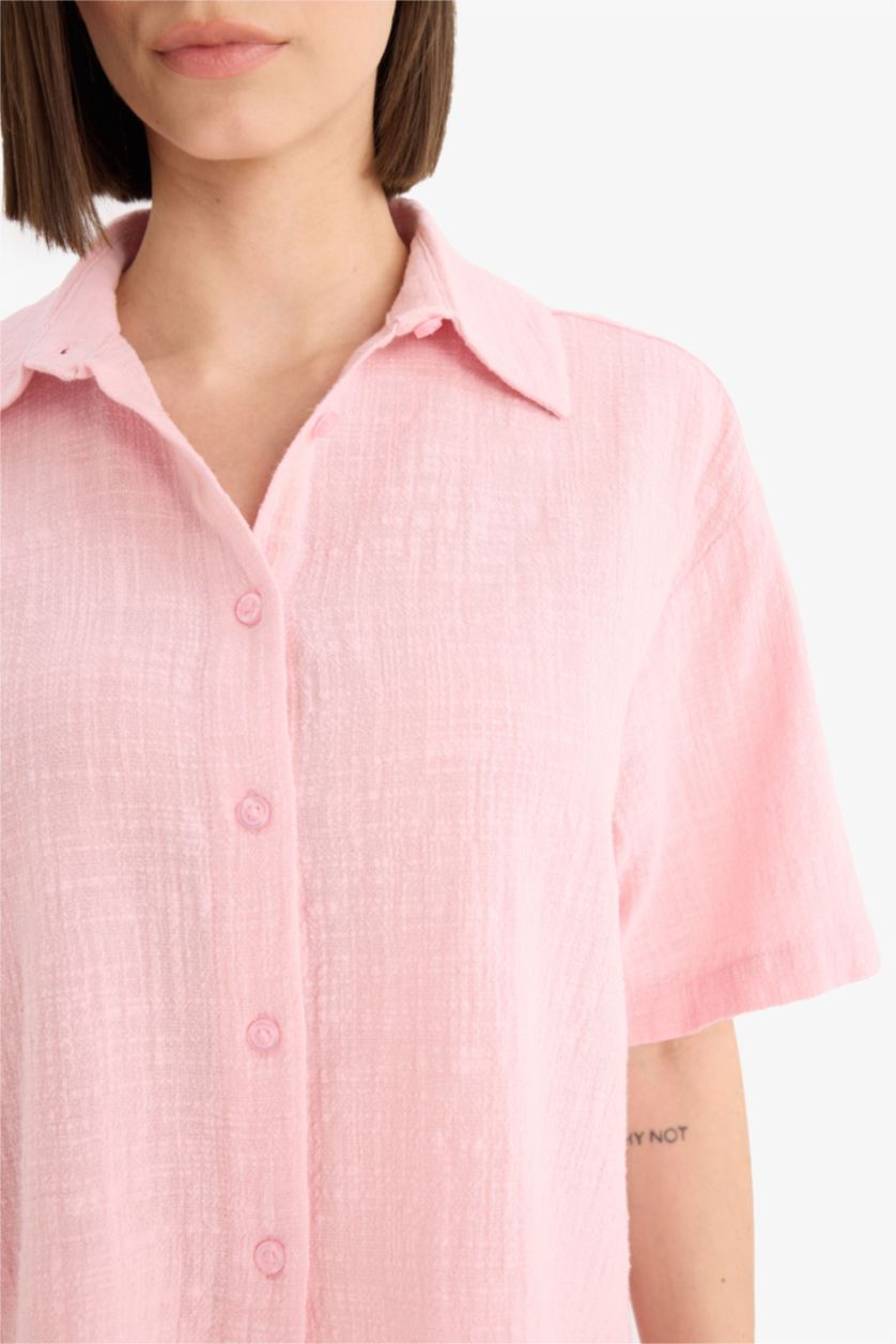 WOMAN Light Pink Oversize Fit Linen Look Short Sleeve Shirt
