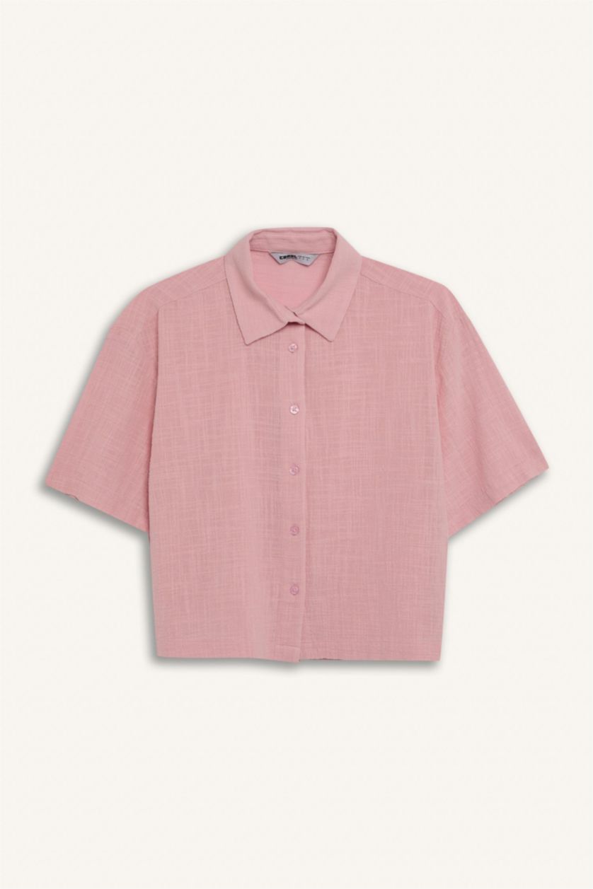 WOMAN Light Pink Oversize Fit Linen Look Short Sleeve Shirt